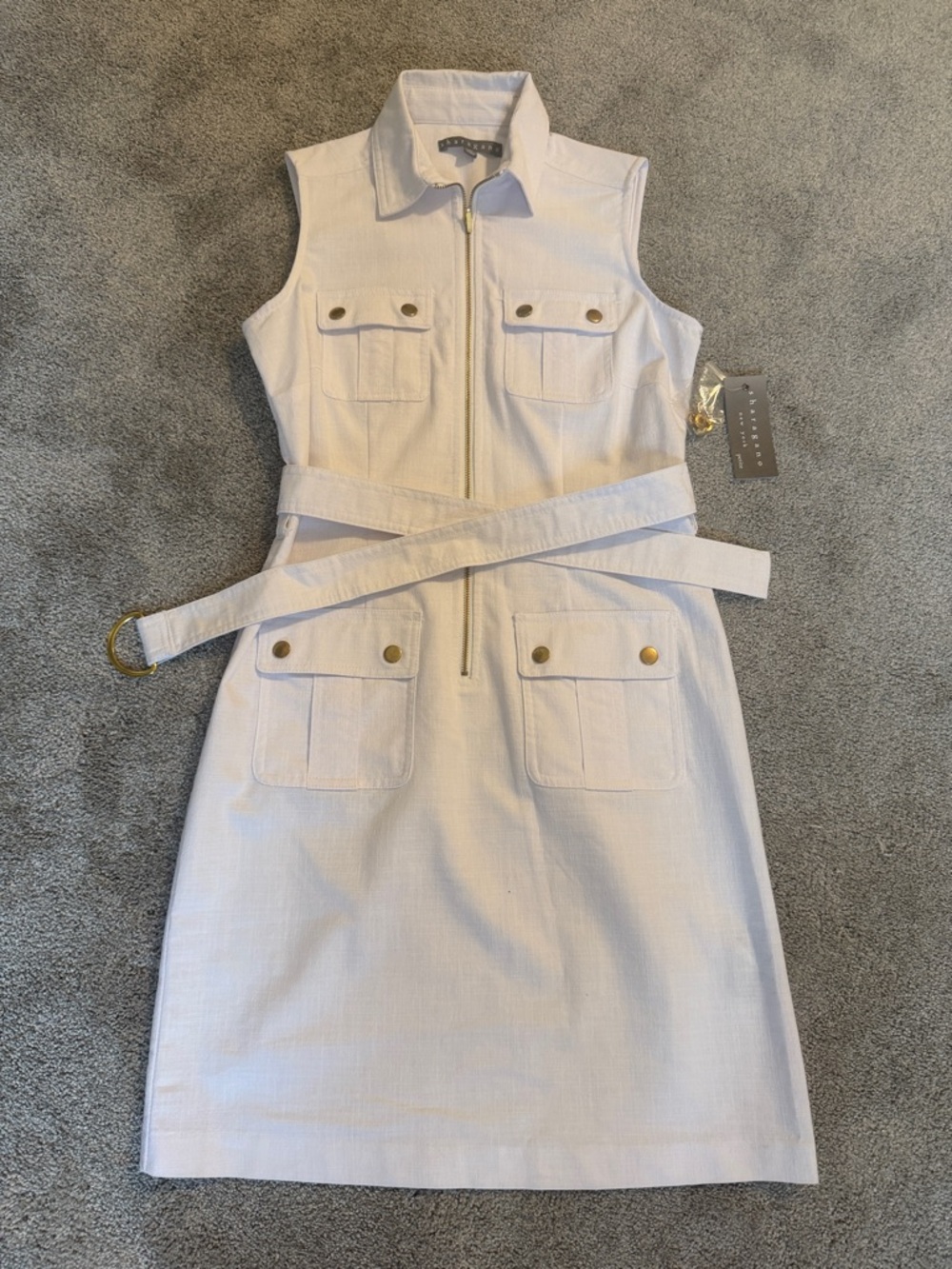 Sharagano Petite White Zip-Front Collared Top with Gold Hardware NWT